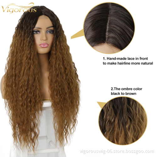 Vigorous Hot Sale Cheap Nature Lace Front Ombre Brown Long Fiber Wig Kinky Curly Wavy Synthetic Hair Wigs For Black Women